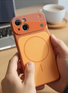 AGRONA Back Cover for iPhone 15 |Convert to 17 pro /17 Pro Max Style Premium Back Glass Converter Cover (Orange, Magnetic Case, Pack of: 1)